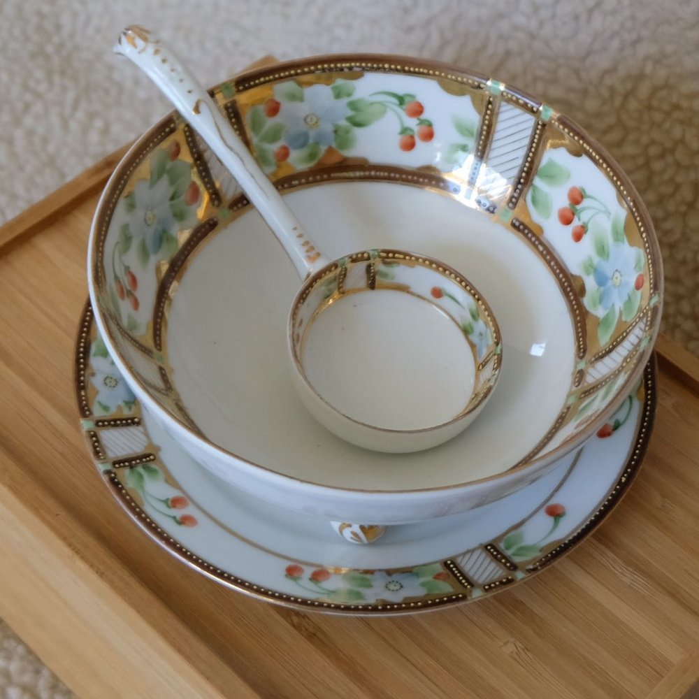 Nippon hand-painted flower saucer with ladle